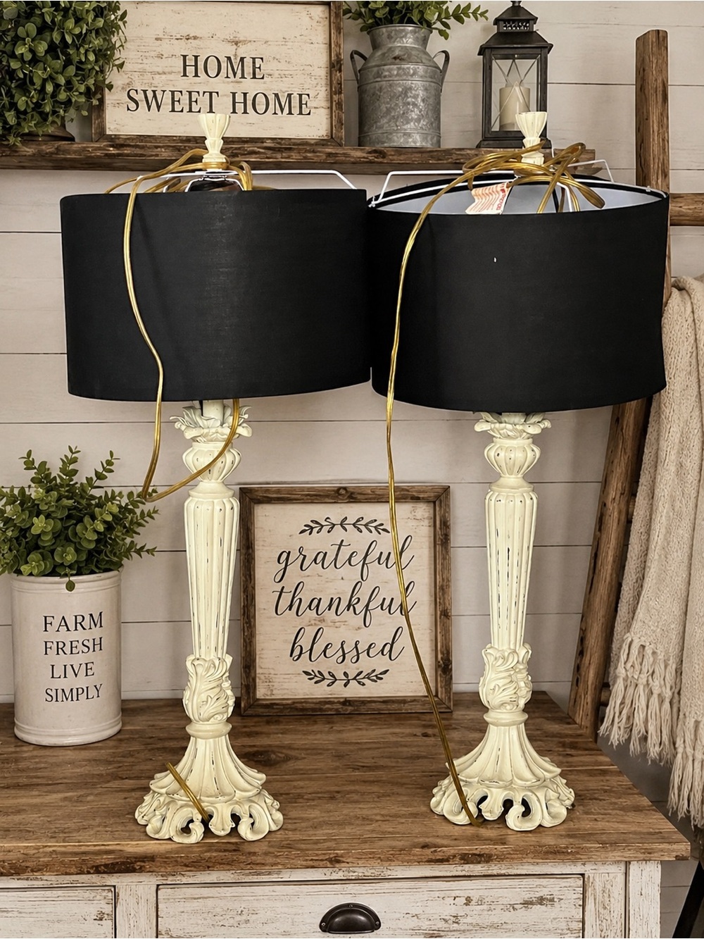 Ivory Ornate Table Lamps with Black Shades - Home Accents
